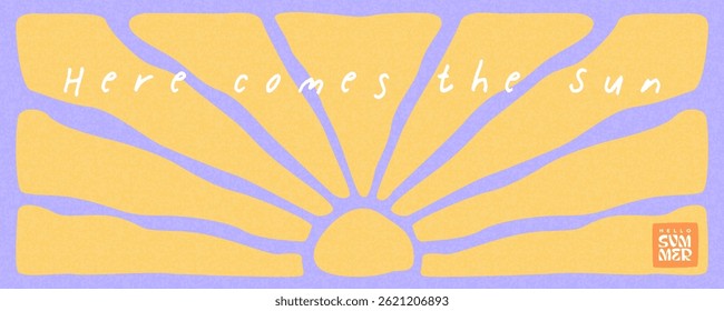 Summer horizontal abstract background with bright yellow hand drawn retro groovy sun. Modern art minimalist style design template for sales, horizontal poster, header, cover, social media, fashion ads