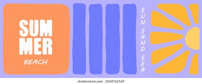 Summer horizontal abstract background with bright hand drawn retro sun and sea. Modern minimalist design template for sales, horizontal poster, header, cover, social media, fashion advertising