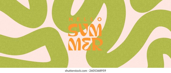 Summer horizontal abstract background with hand drawn wavy lines and typograpy. Modern art minimalist design template for web banner, sales, horizontal poster, header, cover, social media, fashion ads