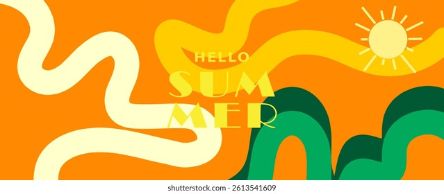 Summer horizontal abstract background with hand drawn wavy lines and typograpy. Modern art minimalist design template for web banner, sales, horizontal poster, header, cover, social media, vector
