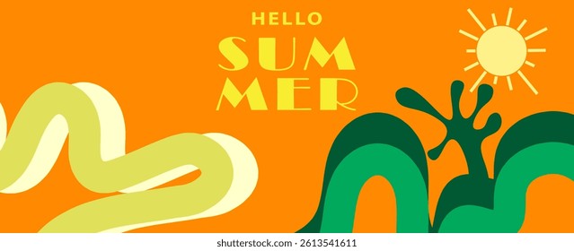 Summer horizontal abstract background with hand drawn wavy lines and typograpy. Modern art minimalist design template for web banner, sales, horizontal poster, header, cover, social media, vector