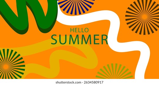 Summer horizontal abstract background with hand drawn wavy lines and typograpy. Modern art minimalist design template for web banner, sales, horizontal poster, header, cover, social media, vector