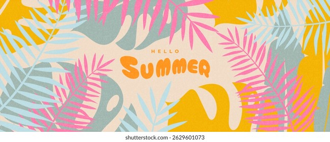 Summer horizontal abstract background with tropical leaves. Modern art design template for celebration, ads, branding, banner, cover, label, poster, sale. Vector creative concept 