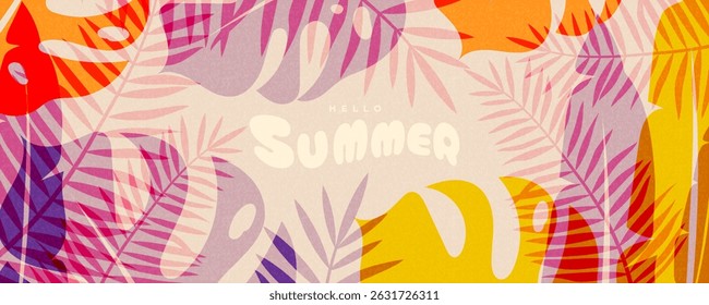 Summer horizontal abstract background with tropical leaves. Modern art design template for celebration, ads, branding, banner, cover, label, poster, sale. Vector creative concept 