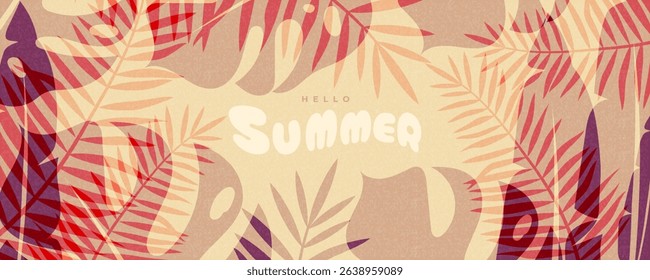 Summer horizontal abstract background with tropical leaves. Modern art design template for celebration, ads, branding, banner, cover, label, poster, sale. Vector creative concept 