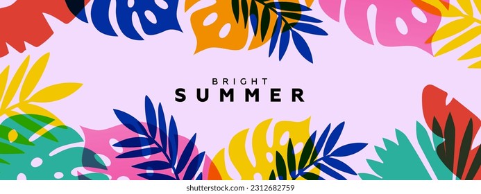 Summer horizontal background with bright abstract tropical leaves with overlay effect. Modern minimalist style design template for sales, horizontal poster, header, cover, social media, fashion ads