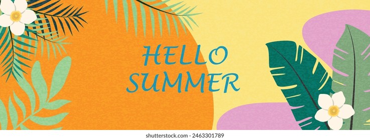 Summer horizontal background with bright abstract tropical leaves and flowers. Modern  minimalist style design template for sales, horizontal poster, header, cover, social media, fashion ads