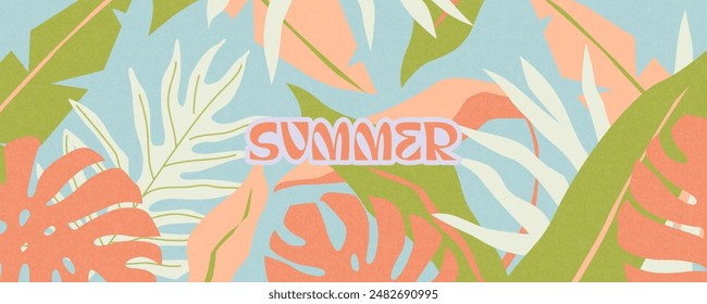 Summer horizontal background with bright abstract tropical leaves. Modern art minimalist style design template for sales, horizontal poster, header, cover, social media, fashion ads