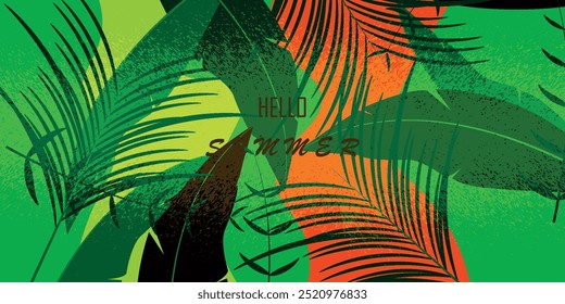 Fondo Horizontal de verano con hojas tropicales abstractas brillantes.