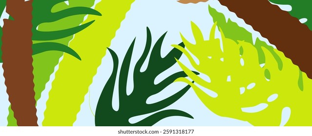 Summer horizontal background with bright abstract tropical leaves. Modern art minimalist style design template for sales, horizontal poster, header, cover. vector