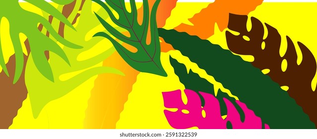 Summer horizontal background with bright abstract tropical leaves. Modern art minimalist style design template for sales, horizontal poster, header, cover. vector