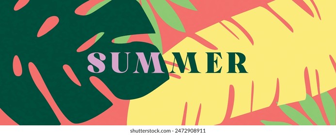 Summer horizontal background with bright tropical leaves. Summer design template for sales, horizontal poster, cover, social media, advertising.