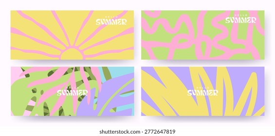 Summer horizontal background collection with bright abstract doodle strokes and lines, sun and tropical leaves. Modern art minimalist style design template for sales, horizontal poster, header, cover, social media, fashion ads