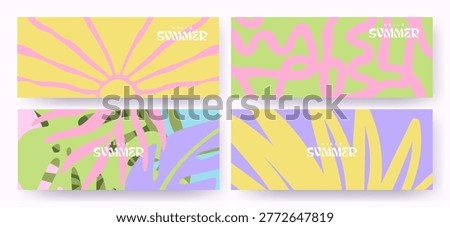 Summer horizontal background collection with bright abstract doodle strokes and lines, sun and tropical leaves. Modern art minimalist style design template for sales, horizontal poster, header, cover, social media, fashion ads