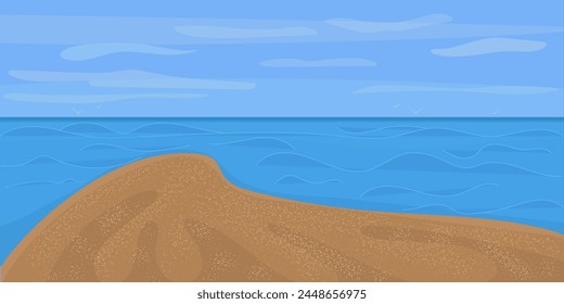Summer horizontal background with copy space of blue sea and sky. Vector texture of sandy beach and water. Beautiful landscape of sand and ocean. A tourist's dream on vacation