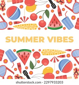 summer horizontal baner. beach items, summer vacation. sunglasses, ball, surfboard, champagne, guitar, umbrella, watermelon, slates, ice cream, cherry, drink. vetor cartoon simple flat objects