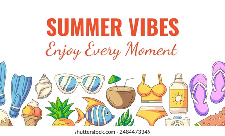 Summer horizontal banner with beach accessories icons. Bottom border of frame and copy space, isolated on white. Summer vibes, enjoy every moment. For poster, flyer, card, invitation, social media