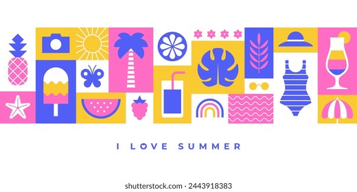 Summer horizontal banner with colorful icons and symbols in blocks.
