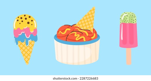 Summer horizontal banner with delicious ice cream set. Tasty frozen creamy fruity desserts in cone, on sticks and in bowl. Sweet themed background. Flat vector colored illustration