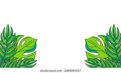 Summer horizontal banner, frame of tropical leaves at the bottom corners with space for text. Monstera leaf, jungle plant. Botanical background for poster, flyer, invitation, postcard, party or event.