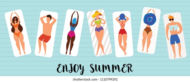 Summer horizontal banner with funny characters sunbathing on the beach . Beach background, Pool party, Vector illustration.