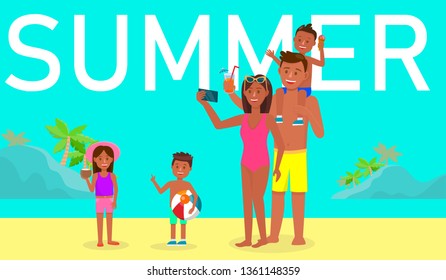 Summer Horizontal Banner. Happy Family Enjoying on Beach During Vacation. Young Parents and Kids Relaxing on Seaside. Tropical Island Background. Trip with Children. Cartoon Flat Vector Illustration.