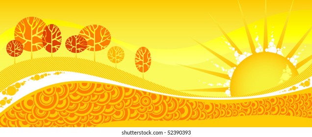 Summer horizontal banner. Red summer forest on yellow sunset.