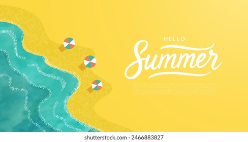 Summer horizontal banner. Sea, beach, umbrellas. Minimalistic design for web sites, presentation, promotional materials and more. Vector illustration.