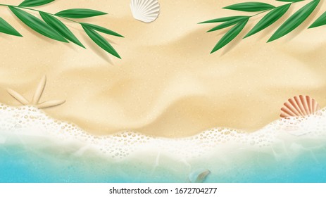 Summer horizontal banner with top view on beach. Top view on ocean beach with soft waves and tropical leaf. Beautiful background with seashells on sea sand. Vector illustration.