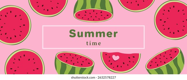 Summer horizontal banner with watermelon slices on pink background. Vector illustration with text summer time. Flat style.