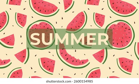 Summer Horizontal Banner with Watermelons on Beige Background. Hello Summer, Summertime Poster. Vector