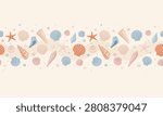 Summer horizontal border with different shells and pearls. Vector illustration