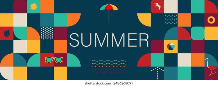 Summer, horizontal geometric banner with summer symbols in geometry style, vector illustration