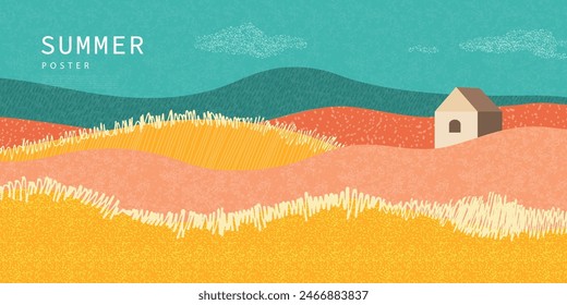 Summer horizontal poster with fields and farmhouse. Various hand drawn textures. Modern flat design for web sites, presentation, promotional materials and more.