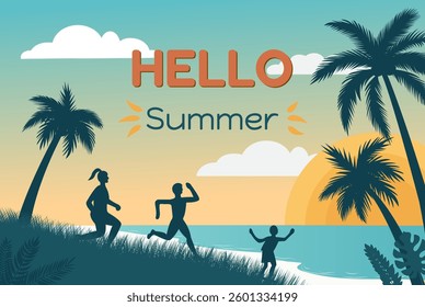 summer horizontal poster with palm trees and beach