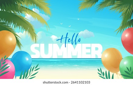 Summer horizontal promotional illustrations beach and palm tree balloons