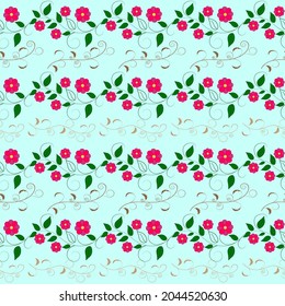 Summer horizontal romantic pattern with colorful flowers on blue. Decorative colorful elegant romantic seamless pattern for decor, wallpaper, fabric, prints. Abstract fashion texture. Vector illustrat