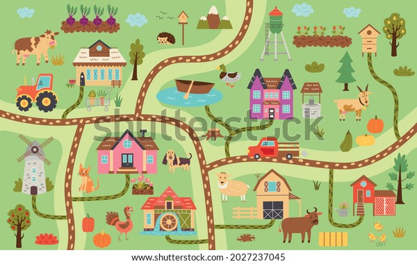 Summer horizontal rustic farm map.\
Map constructor village, farm animals, ranch. Nursery design for\
posters, carpet, children room. Vector hand draw\
illustration