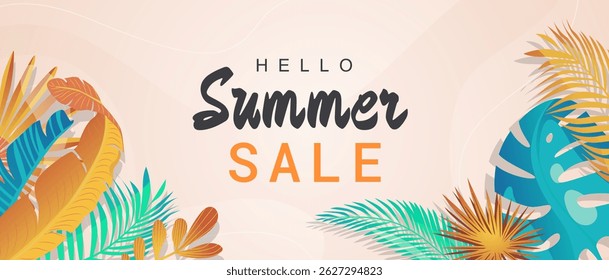 Summer horizontal sale banner. Shopping promotion poster template with tropical palms and monstera leaves, abstract exotic jungle foliage, seasonal botanical decorative border. Vector illustration.