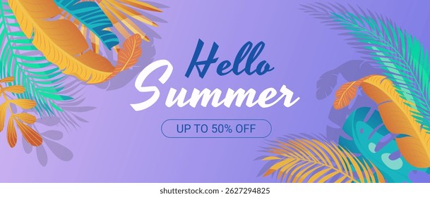 Summer horizontal sale banner. Shopping promotion poster template with colourful tropical palm leaflets, lush monstera leaves, abstract exotic jungle foliage, botanical frames. Vector illustration.