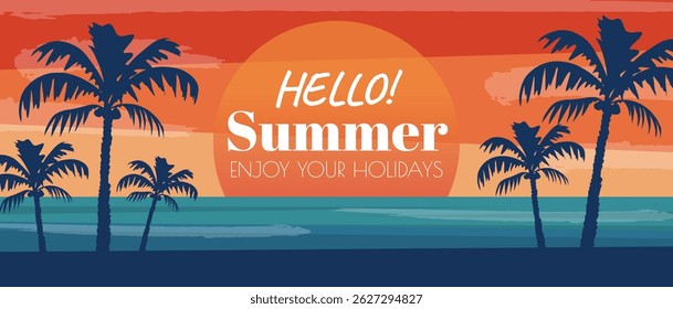 Summer horizontal sale banner. Shopping promotion poster template with retro tropical palm tree silhouettes and ocean sunset, invitation with vacation at island beach nature. Vector illustration.