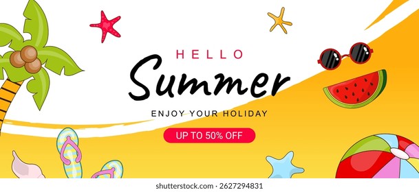 Summer horizontal sale banner. Shopping promotion poster template with cartoon tropical palm, starfishes, beach shoes, sunglasses, watermelon slice, striped inflatable ball. Vector illustration.