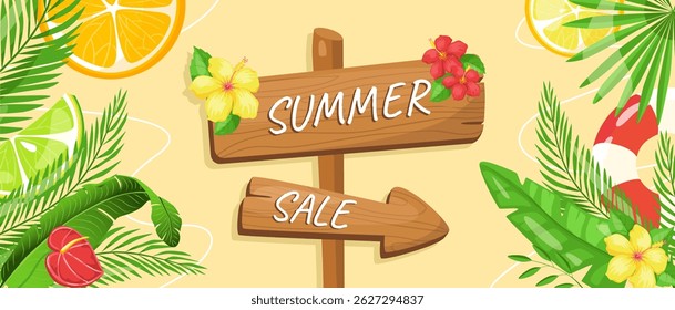 Summer horizontal sale banner. Shopping promotion poster template with signpost directions, hibiscus and calla lily flowers, green lush palm leaves, slices of orange, lemon, lime. Vector illustration.