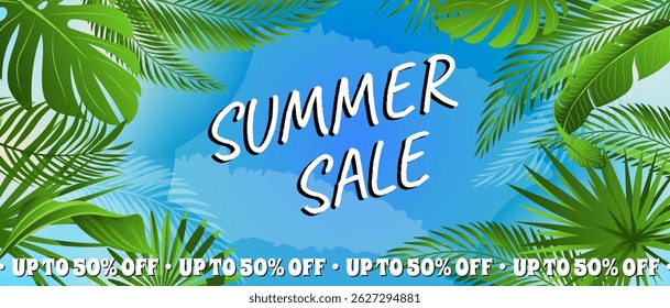 Summer horizontal sale banner. Shopping promotion poster template with green lush tropical palms foliage and monstera leaves silhouettes, exotic jungle leaflets and blue sky. Vector illustration.