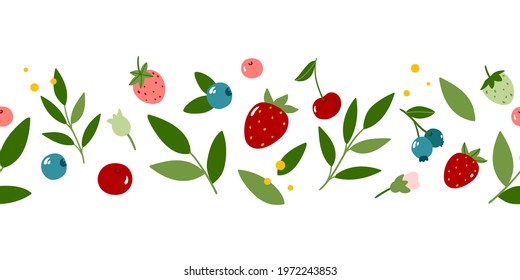 Summer horizontal seamless border with hand-drawn forest berries and leaves. Vector illustration in doodle style