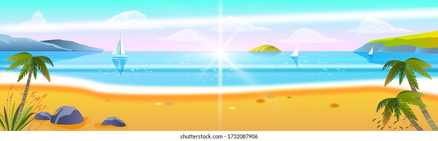 Summer horizontal seascape with beach, ocean, boats, islands.   Paradise vacation background in flat style with clouds and flare