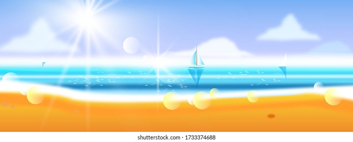 Summer horizontal seascape with sand, ocean, shore, foam, surf, clouds. Panoramic view with boats, sails, sky, beach. Tropical vacation banner in blue colors. Exotic paradise concept