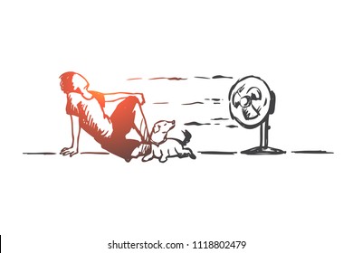 Summer, hot, man, dog concept. Hand drawn man laying on floor with dog and enjoy cold wind from electric fan concept sketch. Isolated vector illustration.