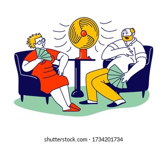 Summer Hot Period of Time Concept. Sweltering in Heat Aged People Characters Sitting on Sofa Use Fans and Ventilator to Get a Little Bit Cool. Heat Stroke, Heating Weather. Linear Vector Illustration
