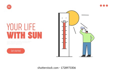 Summer Hot Period Of Time. Website Landing Page. Man Is Standing Outdoor Near Thermometer. Boy Pouring Himself By Water From Bottle On Head. Web Page Cartoon Linear Outline Flat Vector Illustration